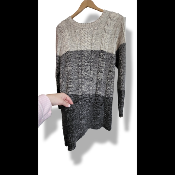 🌿Jeanne Pierre Women's XL Cable Knit Sweater Colorblock Grey Ivory Pockets - Picture 7 of 12